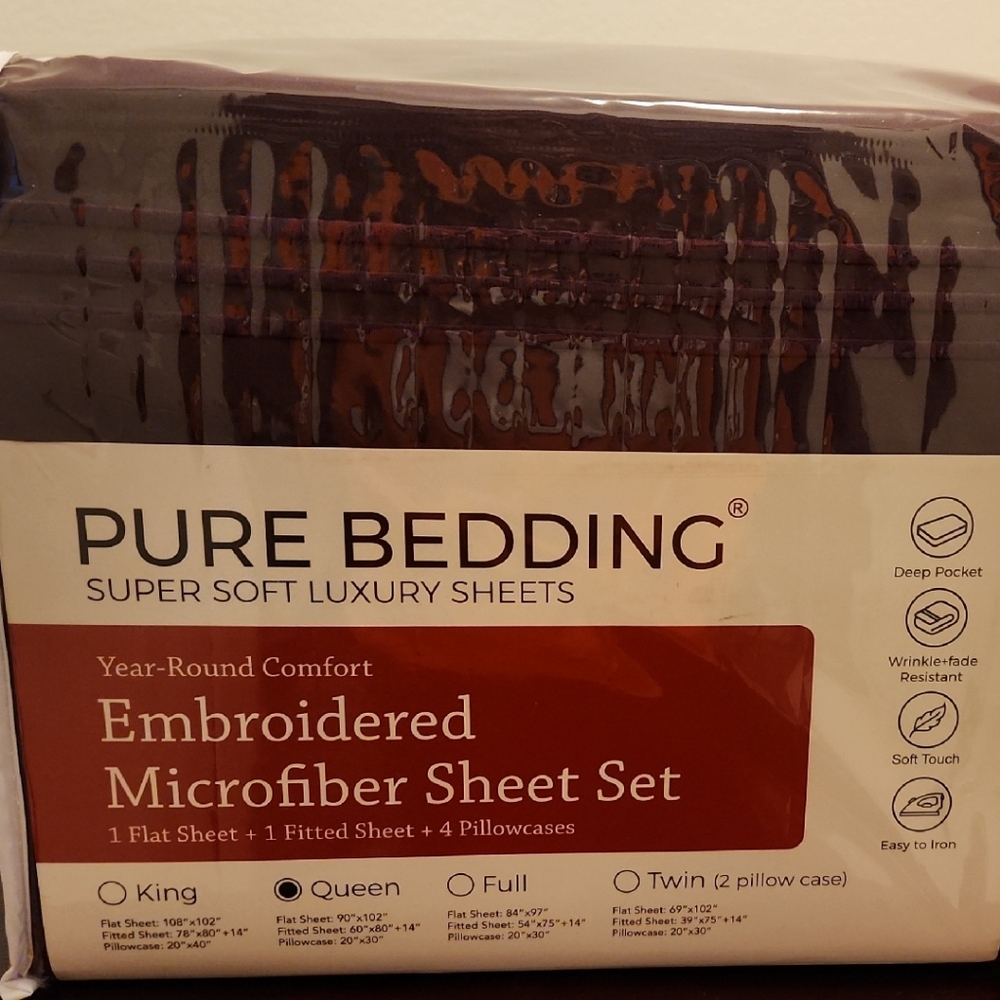 Embroidered Microfiber Sheet Set in Deep Purple